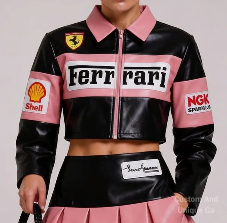 Cropped Pink Ferrari Racing Leather Jacket