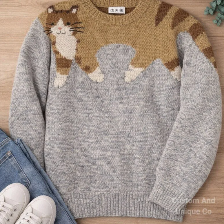 Long-sleeved sweater with a cute cat design